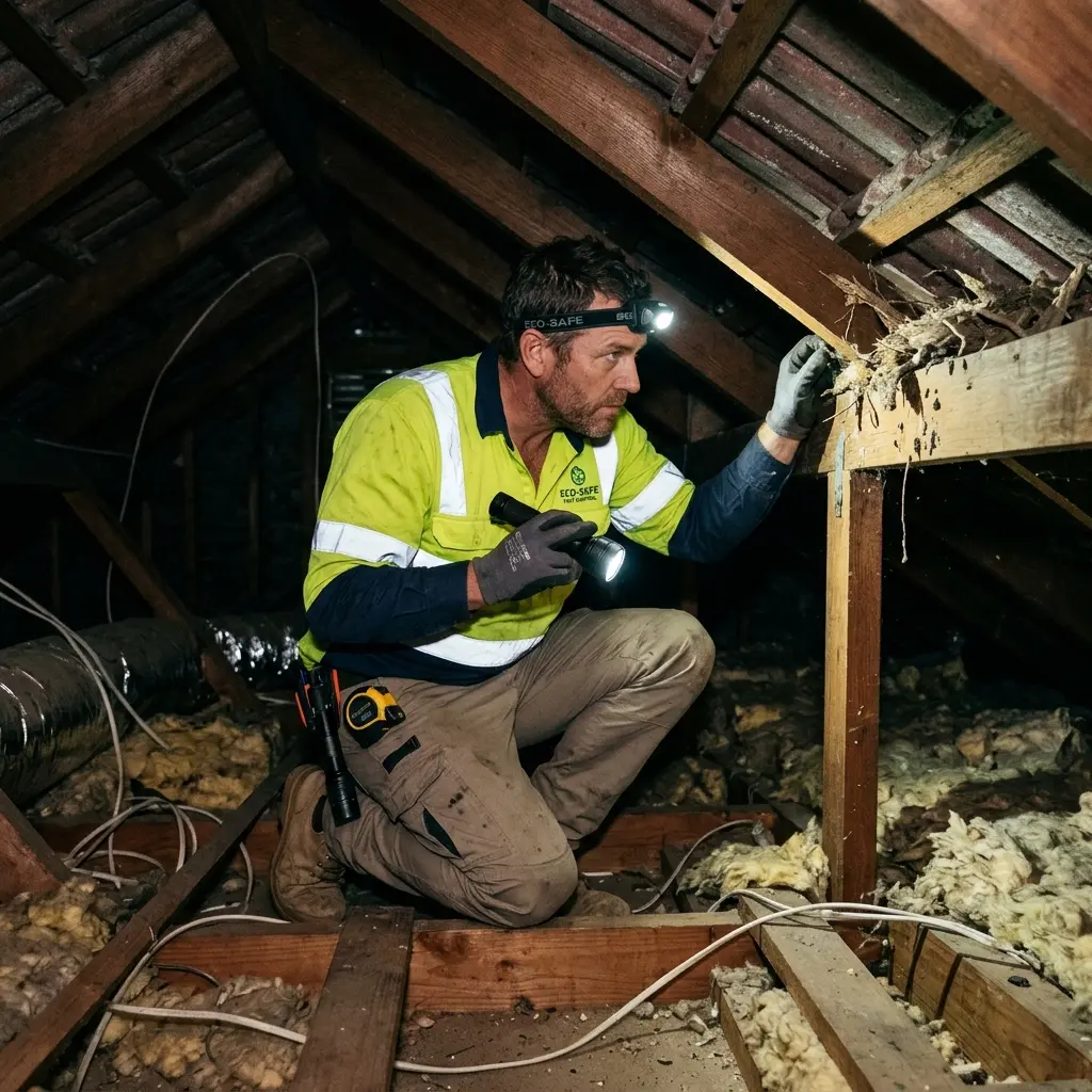 Technician inspecting a roof cavity for a dead animal in Airport West