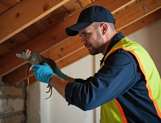 Technician inspecting a roof cavity for a dead rat in Airport West